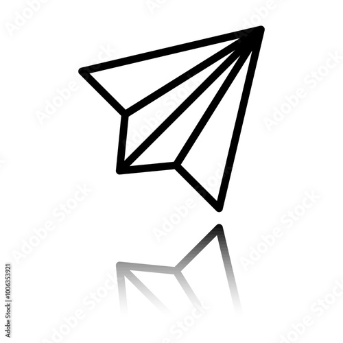 Paper airplane simple icon vector. Flat design. Black icon with mirror reflection. White background