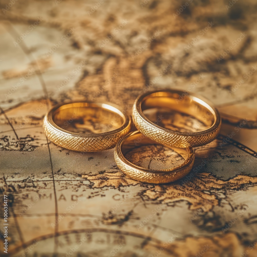 Three gold rings placed on an old world map. Three gold rings placed on an old world map.