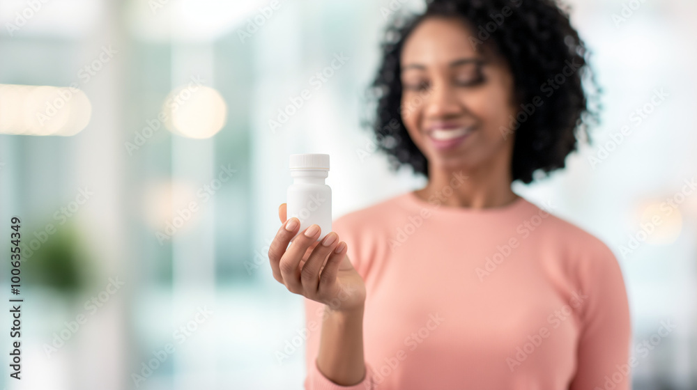 Woman holding small bottle of weight-loss pills, looking determined and focused in a minimalist, well-lit room with copy space for text. Woman holding small bottle of weight-loss pills, looking determined and focused in a minimalist, well-lit room with copy space for text.