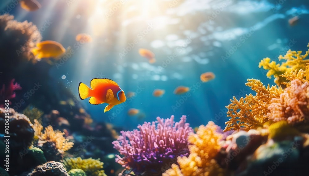 Fototapeta premium Snorkeling in a vibrant coral reef, dynamic underwater scene, soft lighting, colorful marine life, serene atmosphere