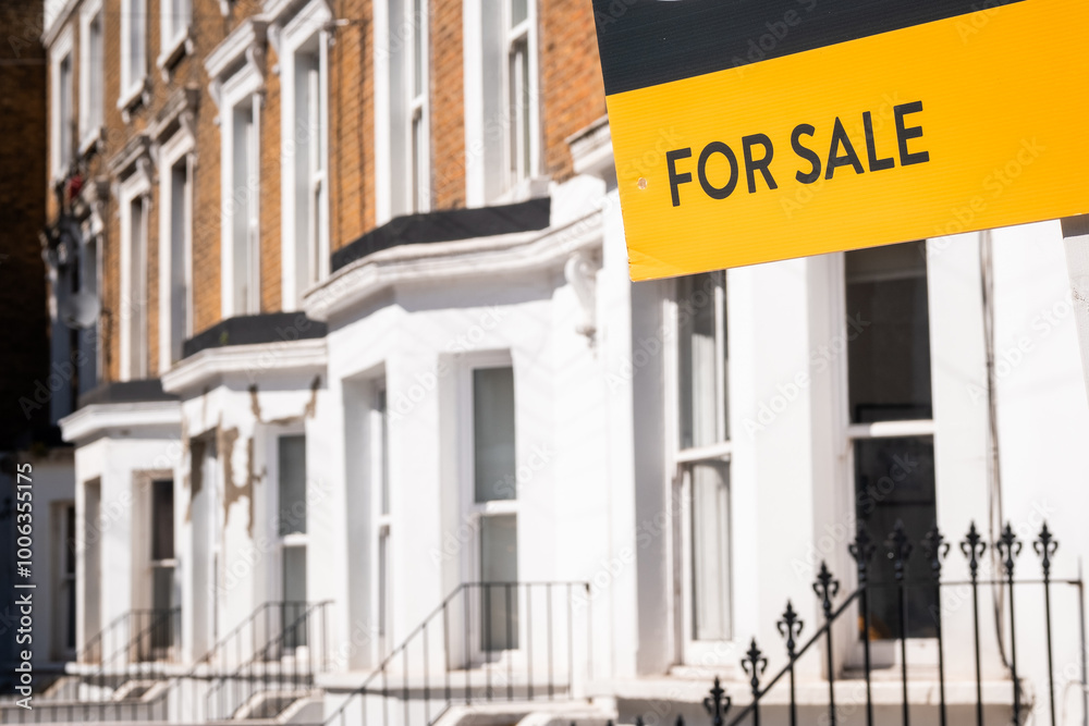 Fototapeta premium London- For Sale sign on street of terraced houses