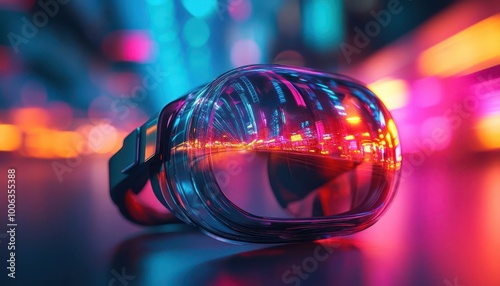 Virtual reality glasses in action, vibrant colors, dynamic energy, sleek modern background, high-tech feel, realism