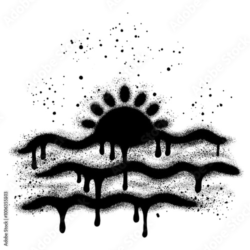 Sunset on beach graffiti with black spray paint. vector illustration.