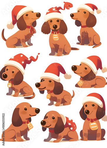 Cheerful Dachshunds in Christmas Hats and Festive Themes