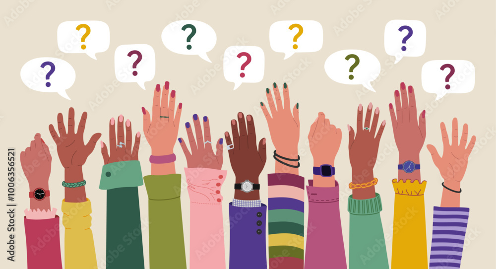 Group of multiracial peoples hands raised up and speech bubbles with questions marks. FAQ and questions concept. Hand drawn vector vector illustration isolated on light background, flat cartoon style. Group of multiracial peoples hands raised up and speech bubbles with questions marks. FAQ and questions concept. Hand drawn vector vector illustration isolated on light background, flat cartoon style.