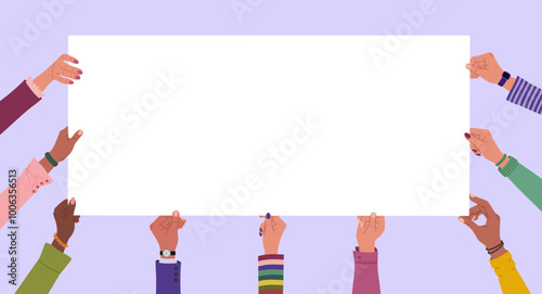 Diverse multiracial hands holding long blank banner. Hand drawn vector illustration isolated on purple background. Modern flat cartoon style.