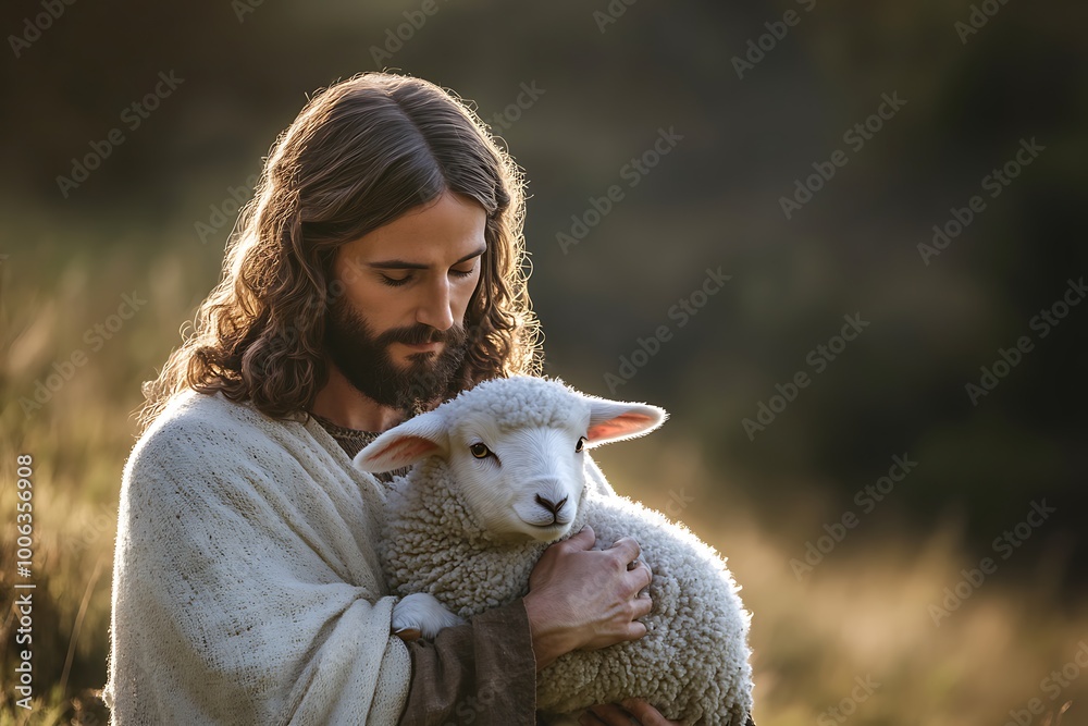Fototapeta premium Christ jesus with white sheep in the forest