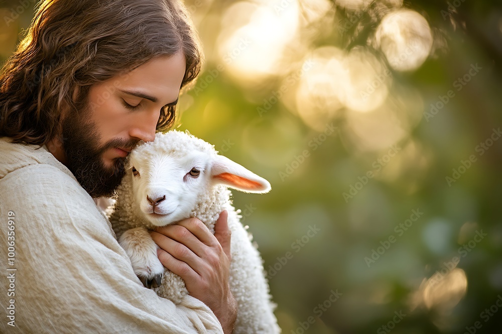 Christ jesus with white sheep in the forest