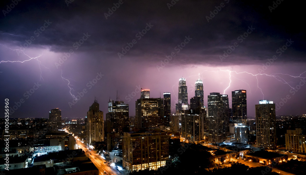 Lightning on a dark sky during a thunderstorm crashes into skyscrapers