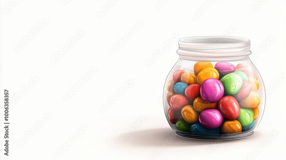 Detailed, realistic candy jar with vibrant sweets, placed on a clean white background with space for text. Detailed, realistic candy jar with vibrant sweets, placed on a clean white background with space for text.