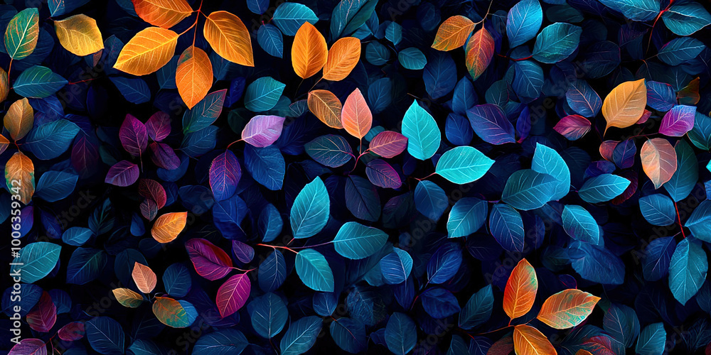 A colorful leafy background with a blue and orange leaf A colorful leafy background with a blue and orange leaf