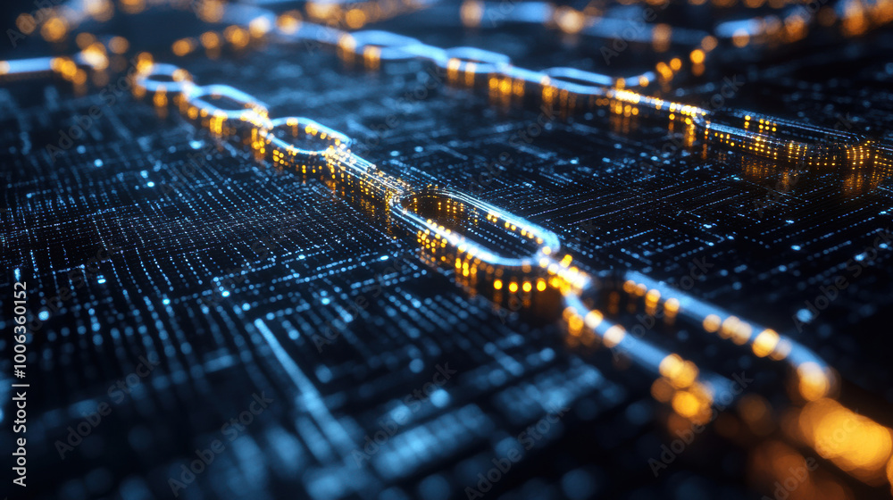 Futuristic interface showing blockchain data flow with glowing lines and digital patterns. This represents advanced technology and data connectivity in vibrant, high tech environment Futuristic interface showing blockchain data flow with glowing lines and digital patterns. This represents advanced technology and data connectivity in vibrant, high tech environment