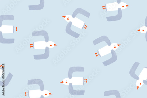 Cute Seamless Vector Pattern With Flying White Birds. White Seagulls on a Pastel Blue Background. Endless Print with Hand Drawn Birds Flying on a Blue Sky. Infantile Style Repeatable Design.