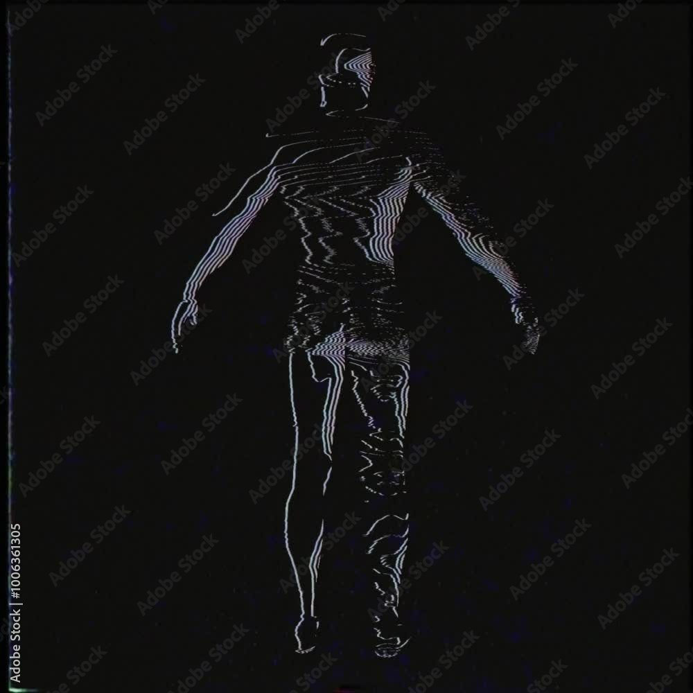 A looping sequence of a synthetic humanoid made of static and noise modulation effects. A looping sequence of a synthetic humanoid made of static and noise modulation effects.