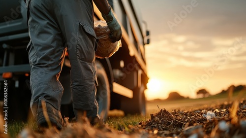 A worker wearing gloves is seen with a trash bag walking towards a truck during the golden hour, representing active participation in environmental cleanup. photo