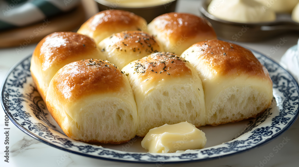A plate of soft and fluffy dinner rolls with butter on a blue and white patterned plate. A plate of soft and fluffy dinner rolls with butter on a blue and white patterned plate.