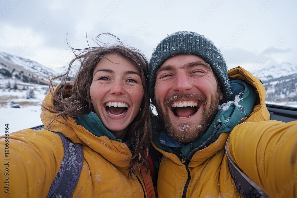 Two friends radiate happiness as they embrace the exhilarating spirit of winter, captured during their adventure in the snowy outdoors, surrounded by scenic beauty. Two friends radiate happiness as they embrace the exhilarating spirit of winter, captured during their adventure in the snowy outdoors, surrounded by scenic beauty.