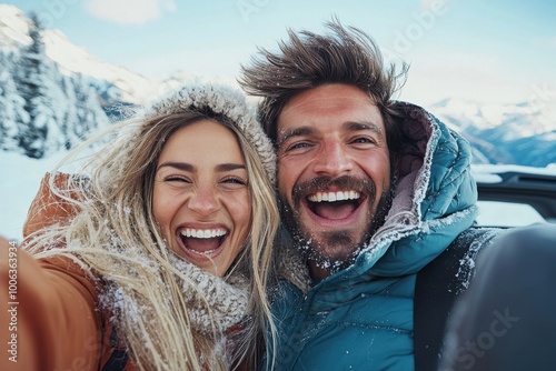 A cheerful couple captures a vibrant selfie in the snowy outdoors, embodying the fun and excitement of a winter day, with breathtaking mountain views behind them.