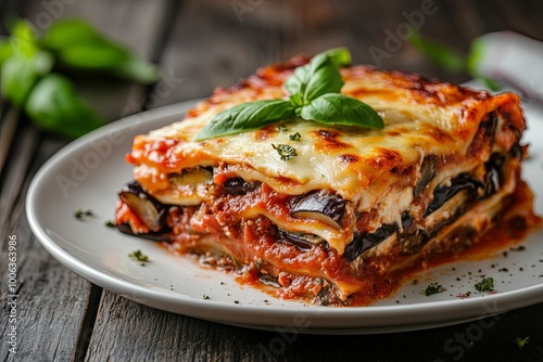 A close-up of a delicious-looking lasagna on a white plate with a rustic wooden background.