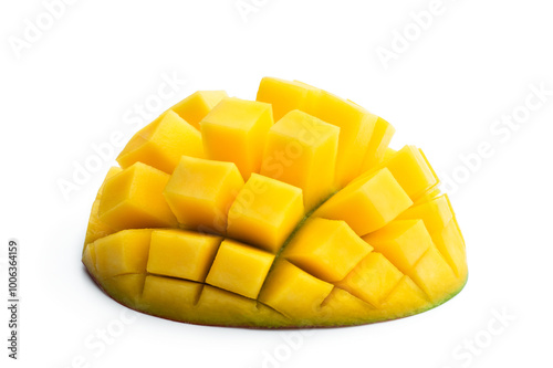 Fresh mango cubes half isolated on white