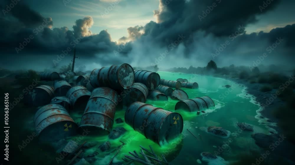 Water full of toxic / radioactive waste. Half-decayed rusted barrels ...