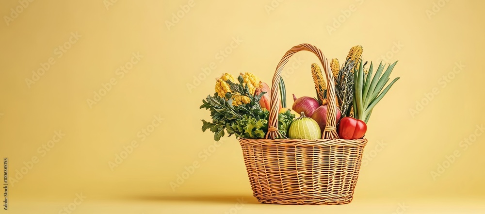 Three-dimensional rendering of pumpkins and vegetables falling from a wooden rattan basket on an orange background Three-dimensional rendering of pumpkins and vegetables falling from a wooden rattan basket on an orange background