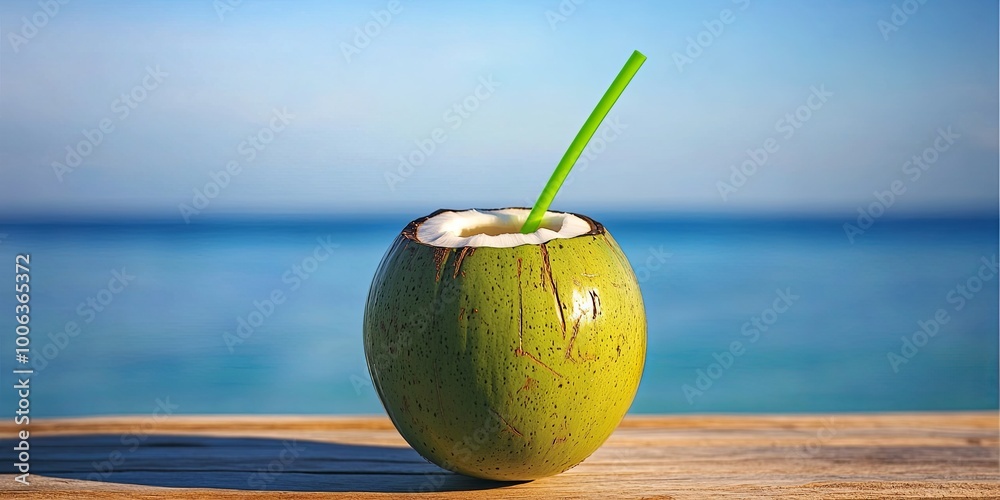 A fresh coconut with a green straw sits on a wooden table against a blue ocean backdrop. A fresh coconut with a green straw sits on a wooden table against a blue ocean backdrop.