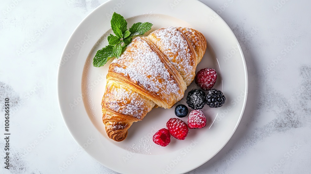 A freshly baked croissant with powdered sugar, garnished with raspberries, blueberries, and a sprig of mint, served on a white plate. A freshly baked croissant with powdered sugar, garnished with raspberries, blueberries, and a sprig of mint, served on a white plate.