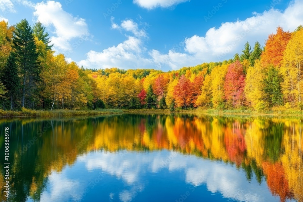 Obraz premium An autumn forest reflected in water. A colorful autumn morning in the mountains. A colorful autumn landscape. The fall season in Canada.