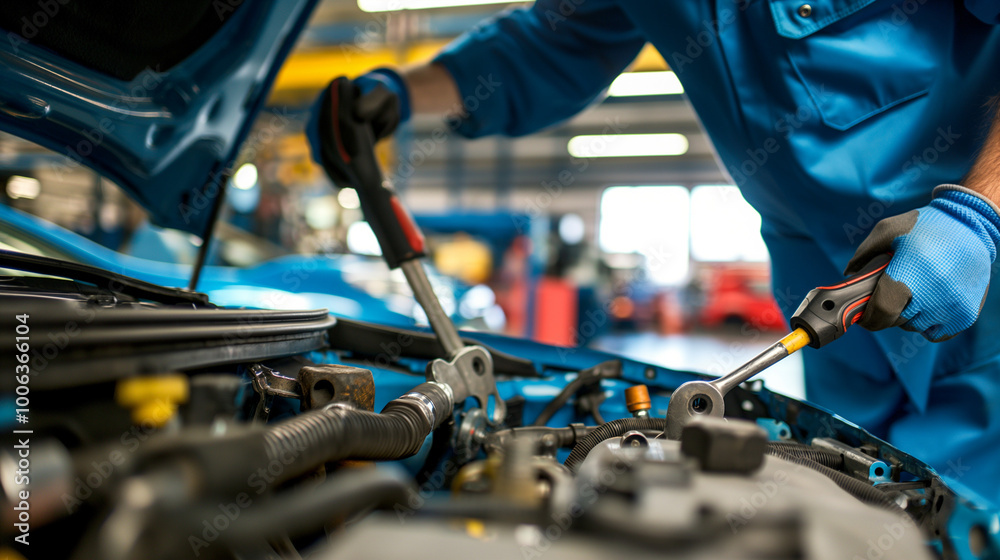Mechanic inspecting engine with tools scattered around, symbolizing vehicle malfunction and repair process. Mechanic inspecting engine with tools scattered around, symbolizing vehicle malfunction and repair process.