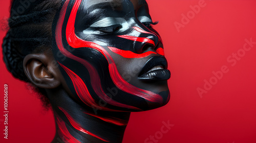 portrait of a black woman with a red painting on her face