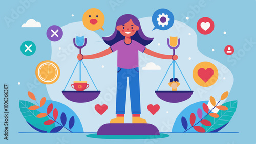 Emotional balance vector concept, female cartoon character standing balancing on emotional icon vector art illustration 