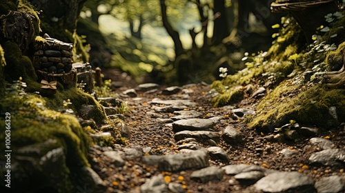 A moss-covered stone path leading through a dense forest, dappled sunlight filtering through the leaves, revealing a glimpse of a serene clearing beyond