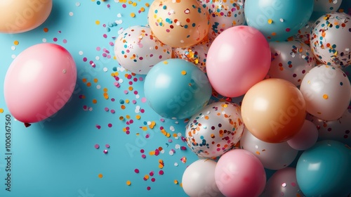 A vibrant array of pastel balloons scattered over a bright blue background, producing a lively and cheerful atmosphere perfect for festive and joyful occasions.