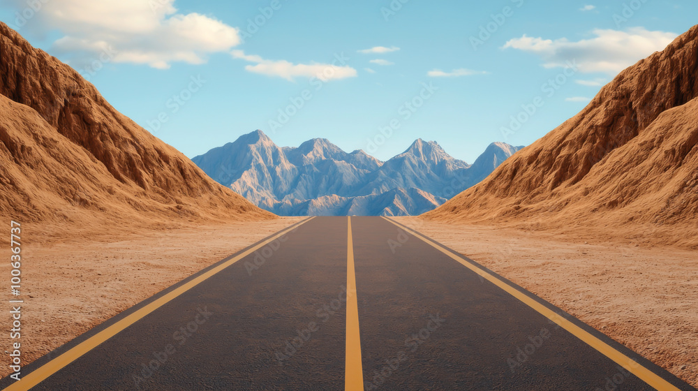 A scenic view of a long road surrounded by mountains and desert landscape under a clear blue sky. A scenic view of a long road surrounded by mountains and desert landscape under a clear blue sky.