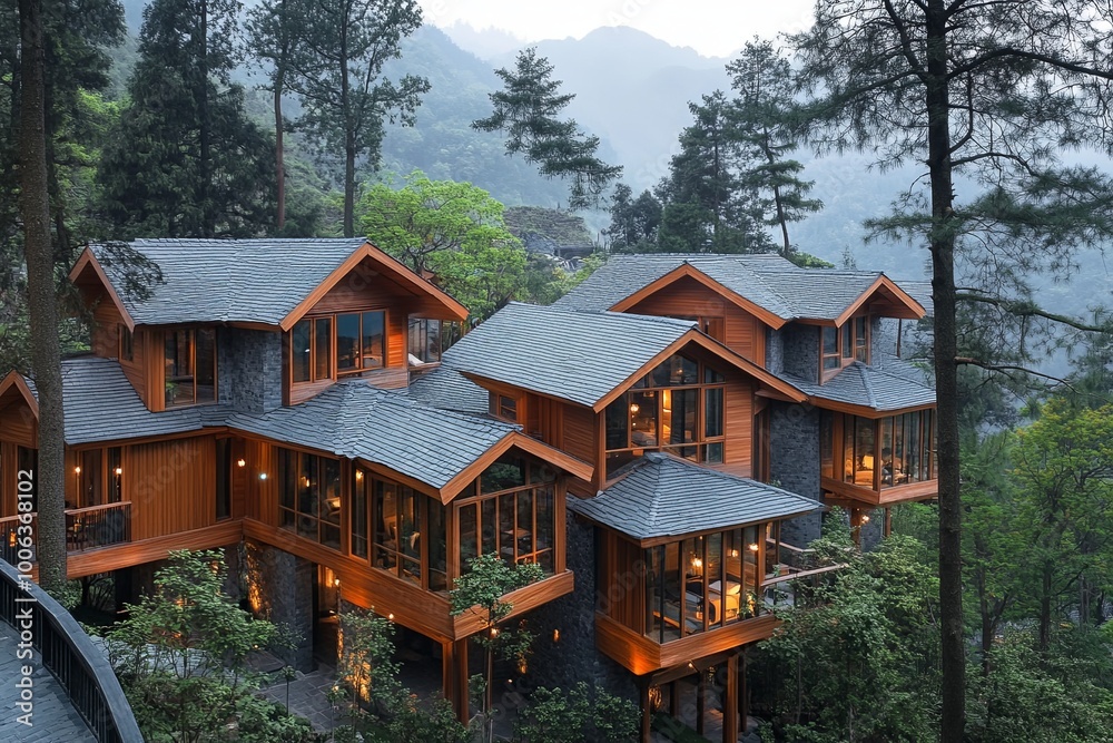 A modern wooden and stone house with large windows sits nestled among the trees on a hillside. A modern wooden and stone house with large windows sits nestled among the trees on a hillside.