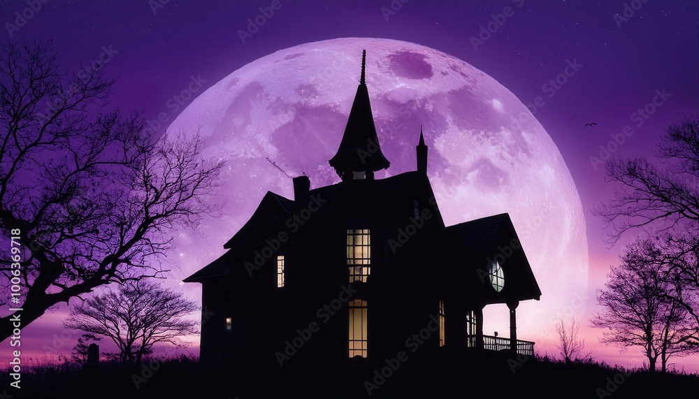Haunted House Silhouette Under a Glowing Full Moon with Eerie Purple Twilight Sky, Bare Trees, and Yellow lit Windows, Creating a Spooky Halloween Atmosphere in the Deep Countryside Haunted House Silhouette Under a Glowing Full Moon with Eerie Purple Twilight Sky, Bare Trees, and Yellow lit Windows, Creating a Spooky Halloween Atmosphere in the Deep Countryside
