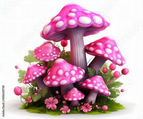 Pink Mushrooms with flower, Pink fungus garden plant photo