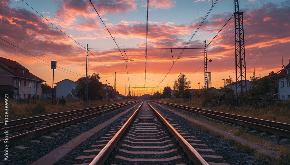 A scenic view of railroad tracks stretching into the distance as the sun sets, casting a vibrant orange and purple glow on the sky. A scenic view of railroad tracks stretching into the distance as the sun sets, casting a vibrant orange and purple glow on the sky.