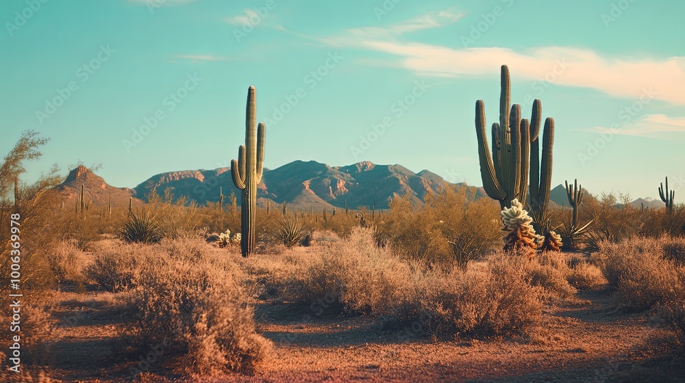 A scenic view of the Sonoran Desert with saguaro cacti and mountains in the distance, bathed in the warm glow of the setting sun. A scenic view of the Sonoran Desert with saguaro cacti and mountains in the distance, bathed in the warm glow of the setting sun.