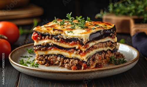 A single serving of eggplant lasagna on a white plate with fresh thyme and tomatoes on a wooden table.