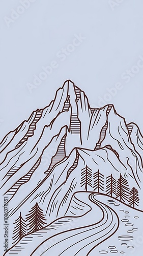  A line drawing of a mountain with a winding path