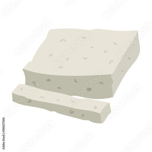 flat piece of rectangular feta cheese is sliced, highlighted on white. A whole piece of pressed dairy product with sliced long slices. White Greek curd cheese made from sheep's milk, beans