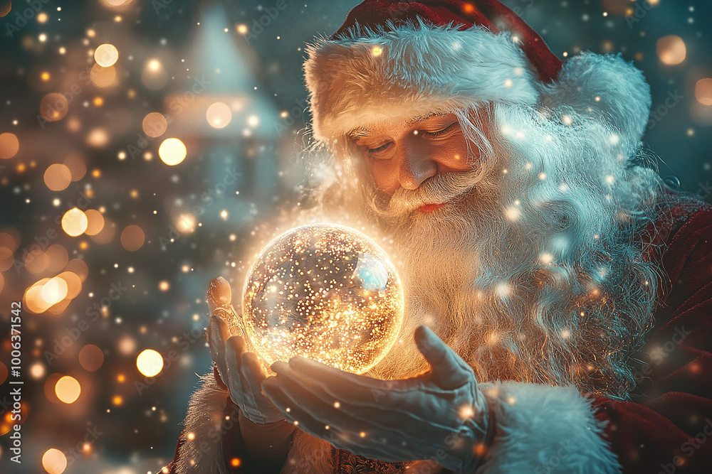 Santa Claus holding a glowing crystal ball in his hands, with magical light and sparkles around him. Cinematic lighting effects, warm colors, and a magical atmosphere Santa Claus holding a glowing crystal ball in his hands, with magical light and sparkles around him. Cinematic lighting effects, warm colors, and a magical atmosphere
