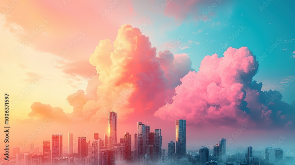A stunning view of a city skyline at sunset, featuring vibrant pink and orange clouds against a bright blue sky, creating a picturesque urban landscape. A stunning view of a city skyline at sunset, featuring vibrant pink and orange clouds against a bright blue sky, creating a picturesque urban landscape.