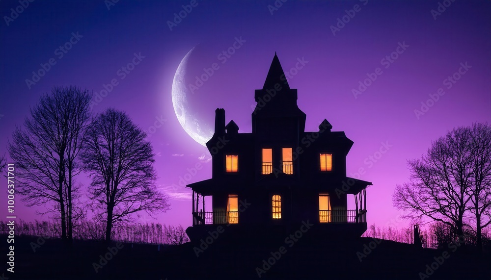 Haunted House Silhouette Under a Glowing Full Moon with Eerie Purple Twilight Sky, Bare Trees, and Yellow lit Windows, Creating a Spooky Halloween Atmosphere in the Deep Countryside Haunted House Silhouette Under a Glowing Full Moon with Eerie Purple Twilight Sky, Bare Trees, and Yellow lit Windows, Creating a Spooky Halloween Atmosphere in the Deep Countryside