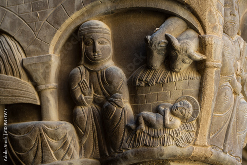 Capital depicting the birth of Jesus Christ, San Pedro el Viejo Monastery, Huesca, Aragon community, Spain photo