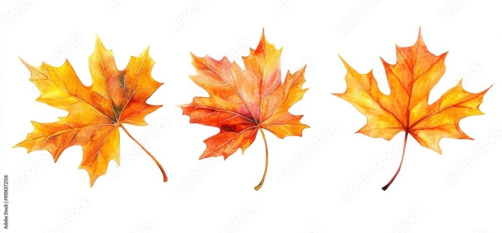 Isolated on white background, watercolor autumn maple leaves.