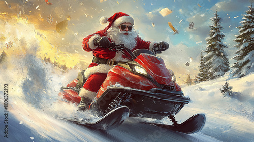 Santa Claus Using Snowmobile to Deliver Presents