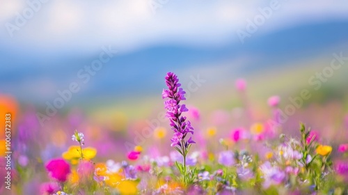 Close-up of a vibrant purple false saw wort wildflower blooming in a lush Israeli meadow, with a shallow depth of field. photo